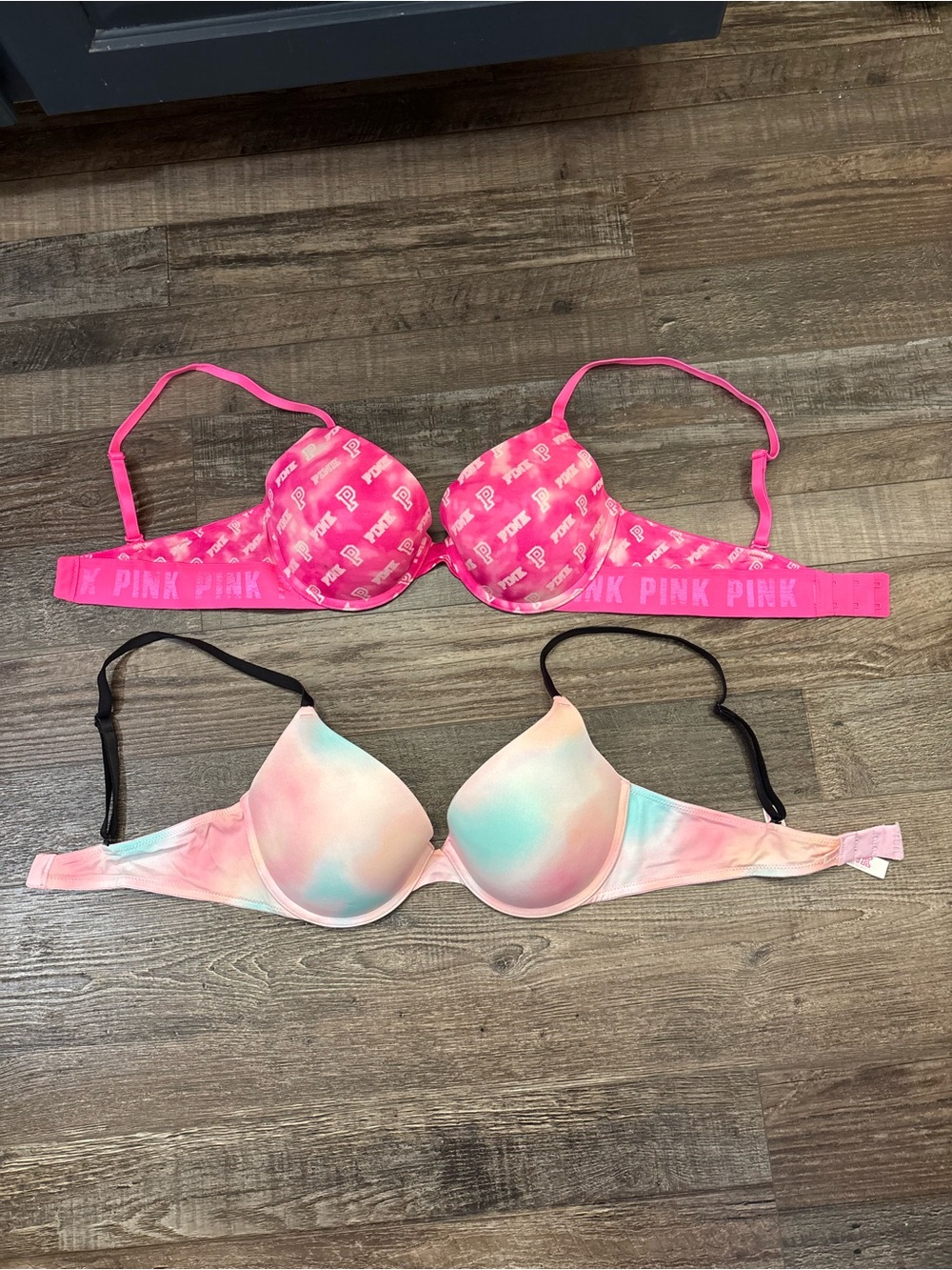 Victoria's Secret PINK Hot Pink Logo & Pastel Tie-Dye Push-Up Bras